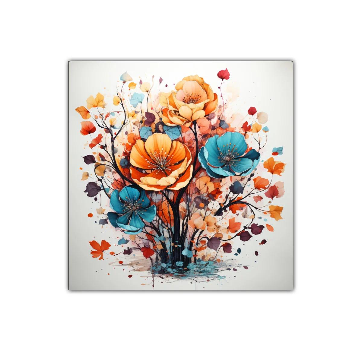 Cuadro floral vibrante con tonos cálidos y azules intensos — imagen principal