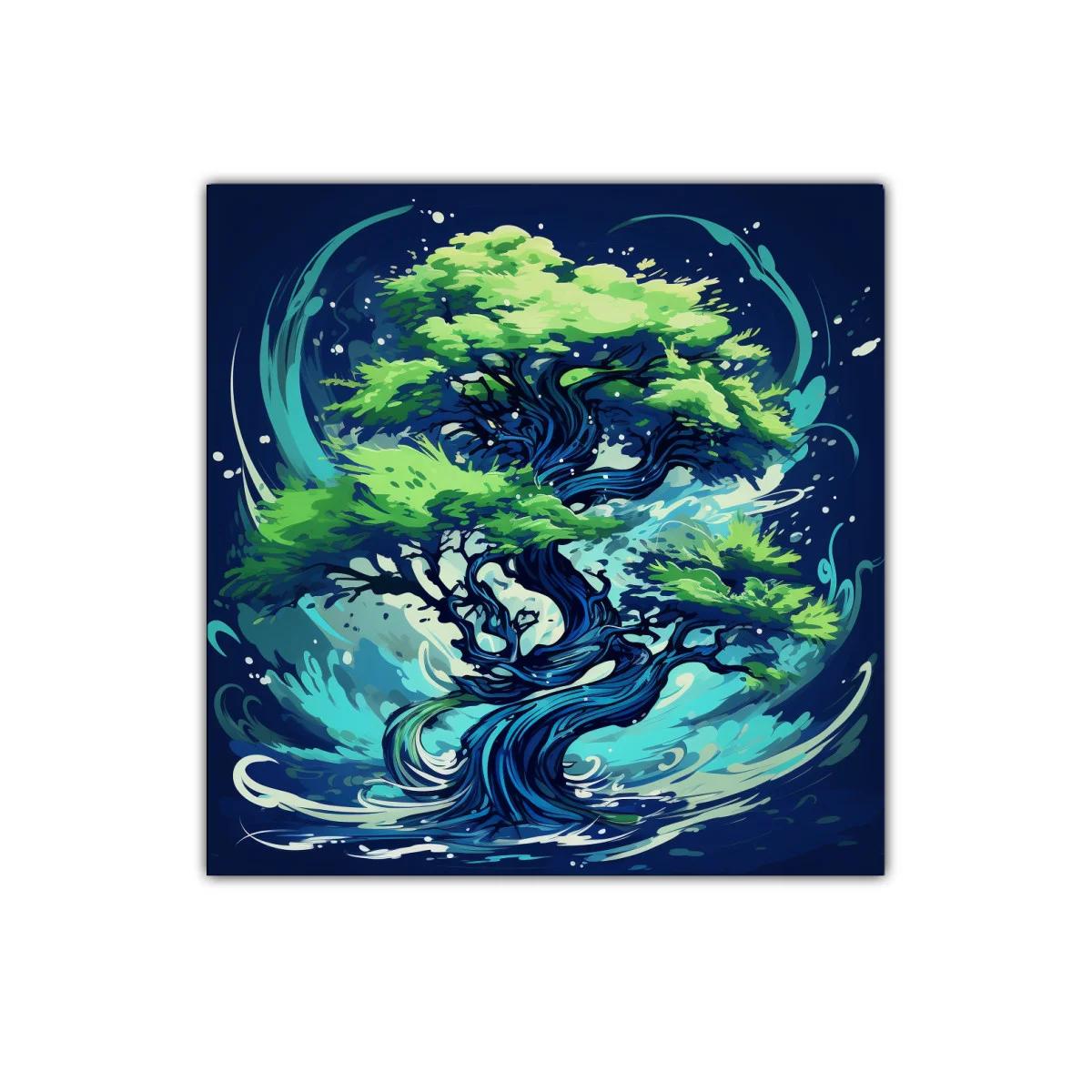 Árbol vibrante en movimiento con tonos verdes y azules