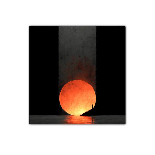 Cuadro decorativo con sol anaranjado y figura en escalera