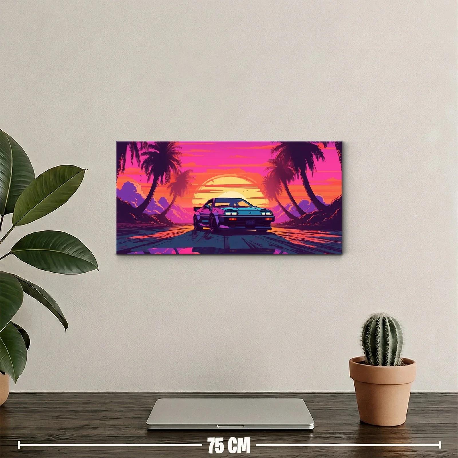Cuadro coche deportivo retro al atardecer neón — miniatura 2