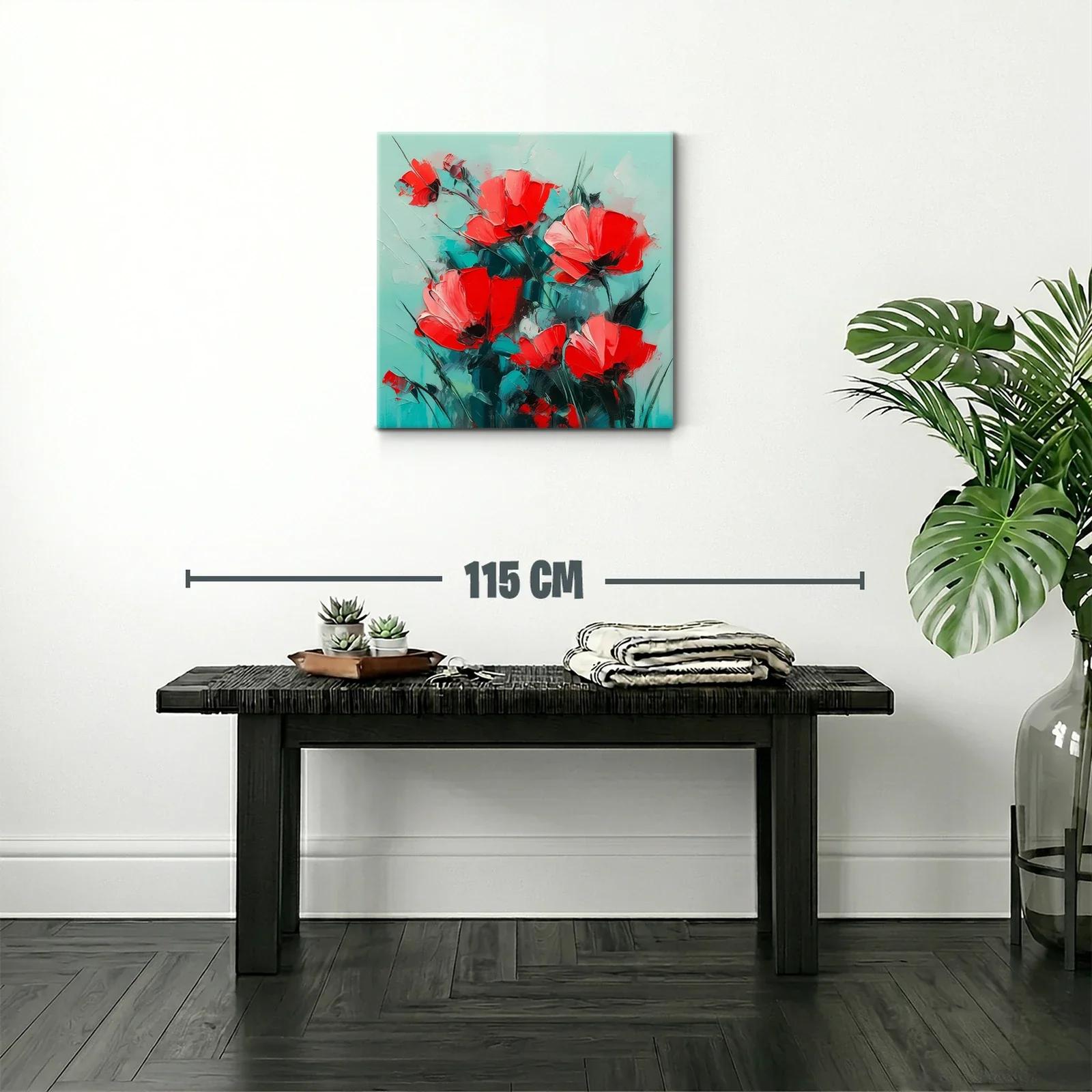 Cuadro floral con vibrantes amapolas rojas sobre fondo turquesa — miniatura 2