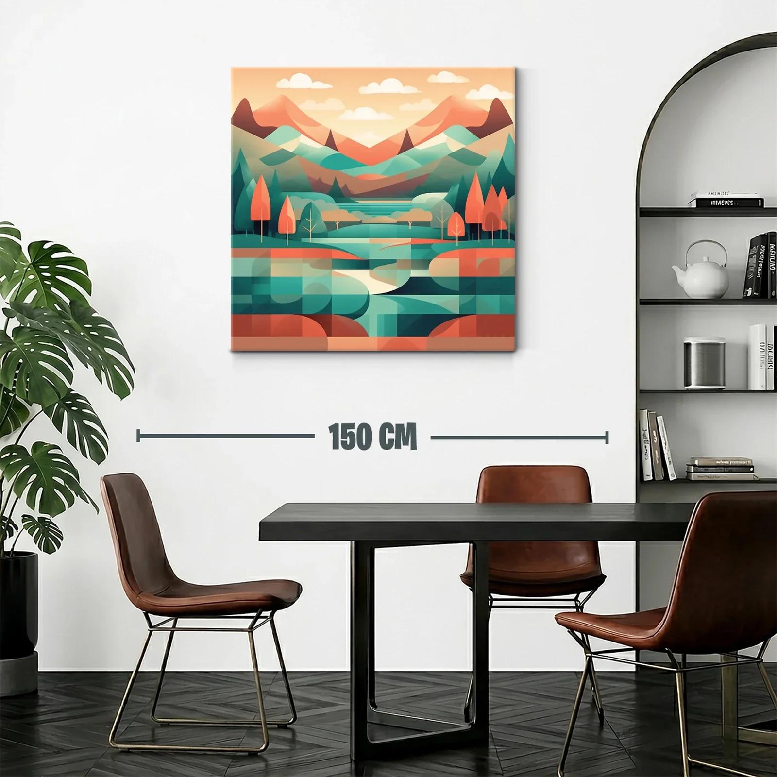 Paisaje geométrico con montañas y árboles en tonos cálidos — miniatura 2