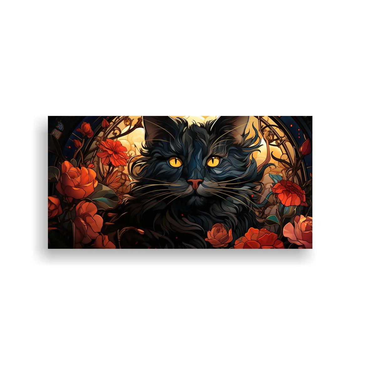 Cuadro gato negro de ojos amarillos con flores y motivo circular