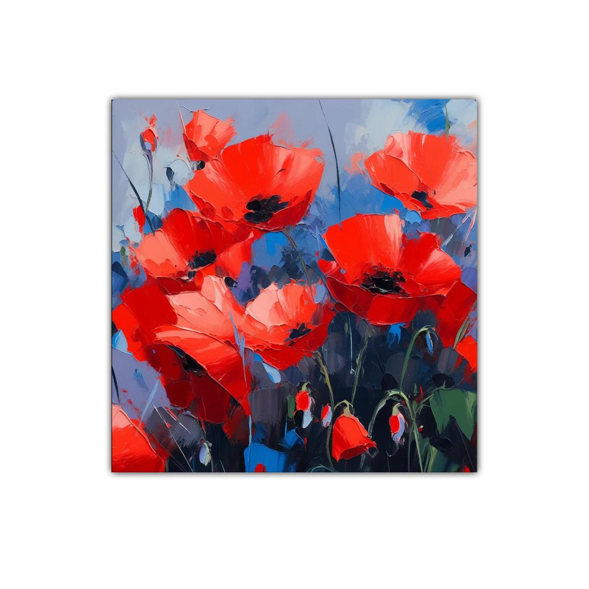 Cuadro vibrante con amapolas rojas sobre fondo azul