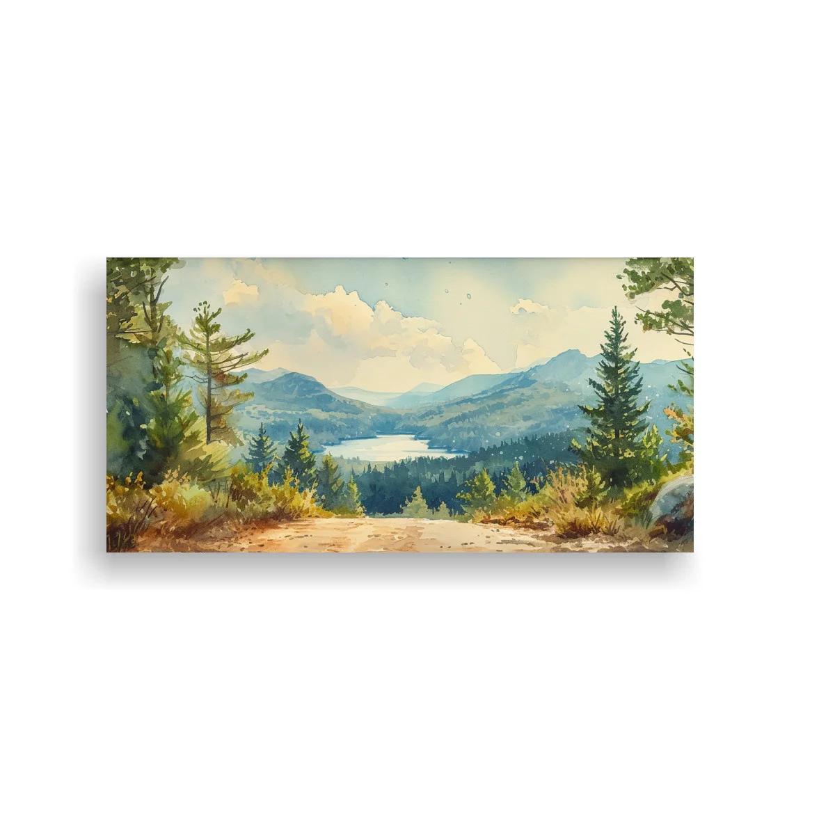Cuadro paisaje de montaña con lago enmarcado por árboles y rocas