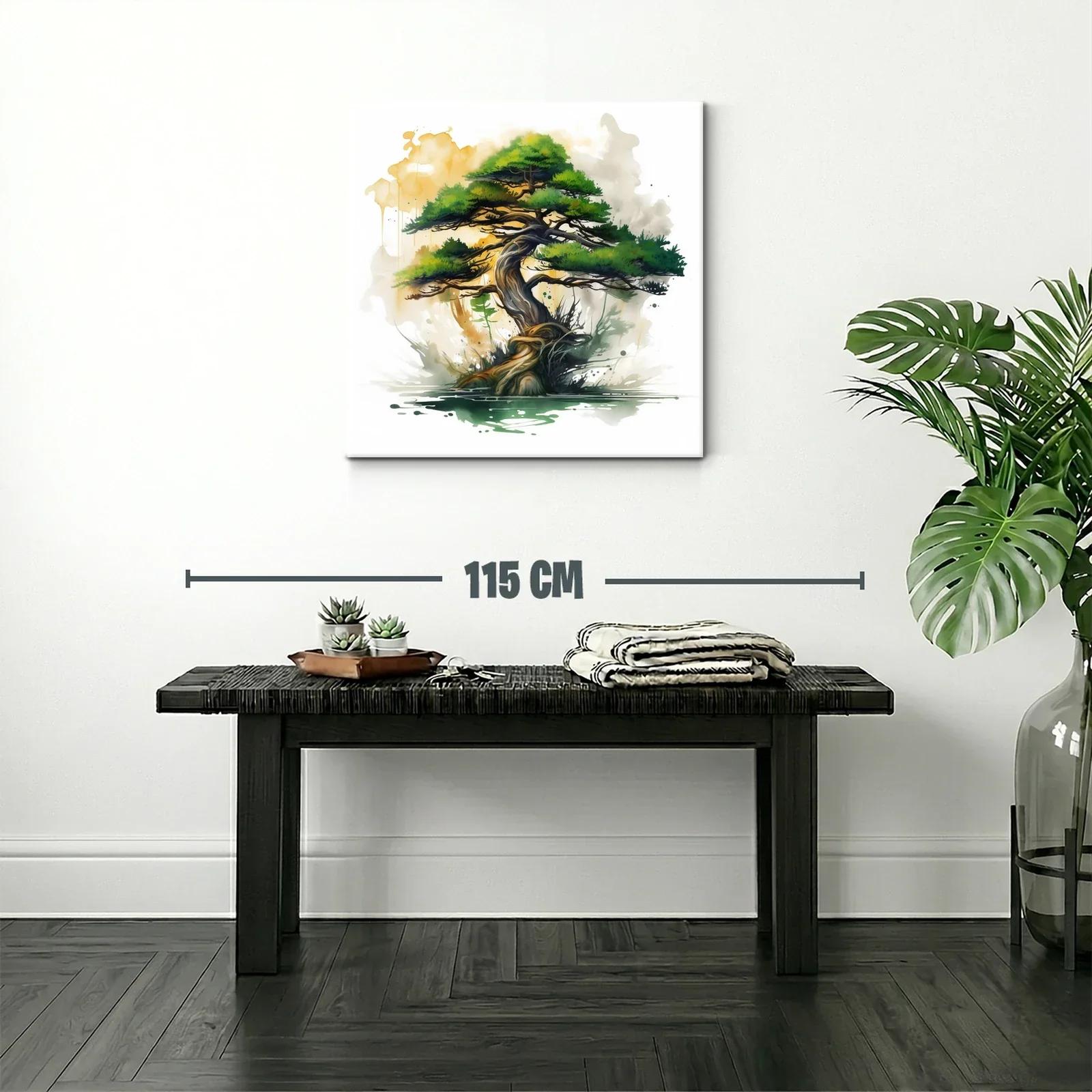 Árbol bonsái con tonos verdes y dorados en acuarela moderna — miniatura 2