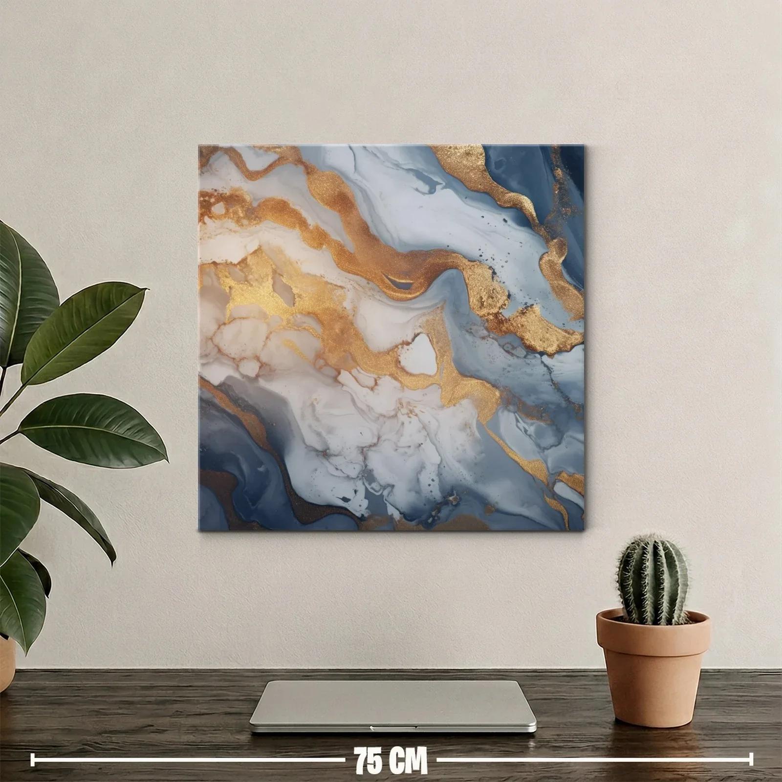Cuadro abstracto con tonos dorados y azul grisáceo — miniatura 2