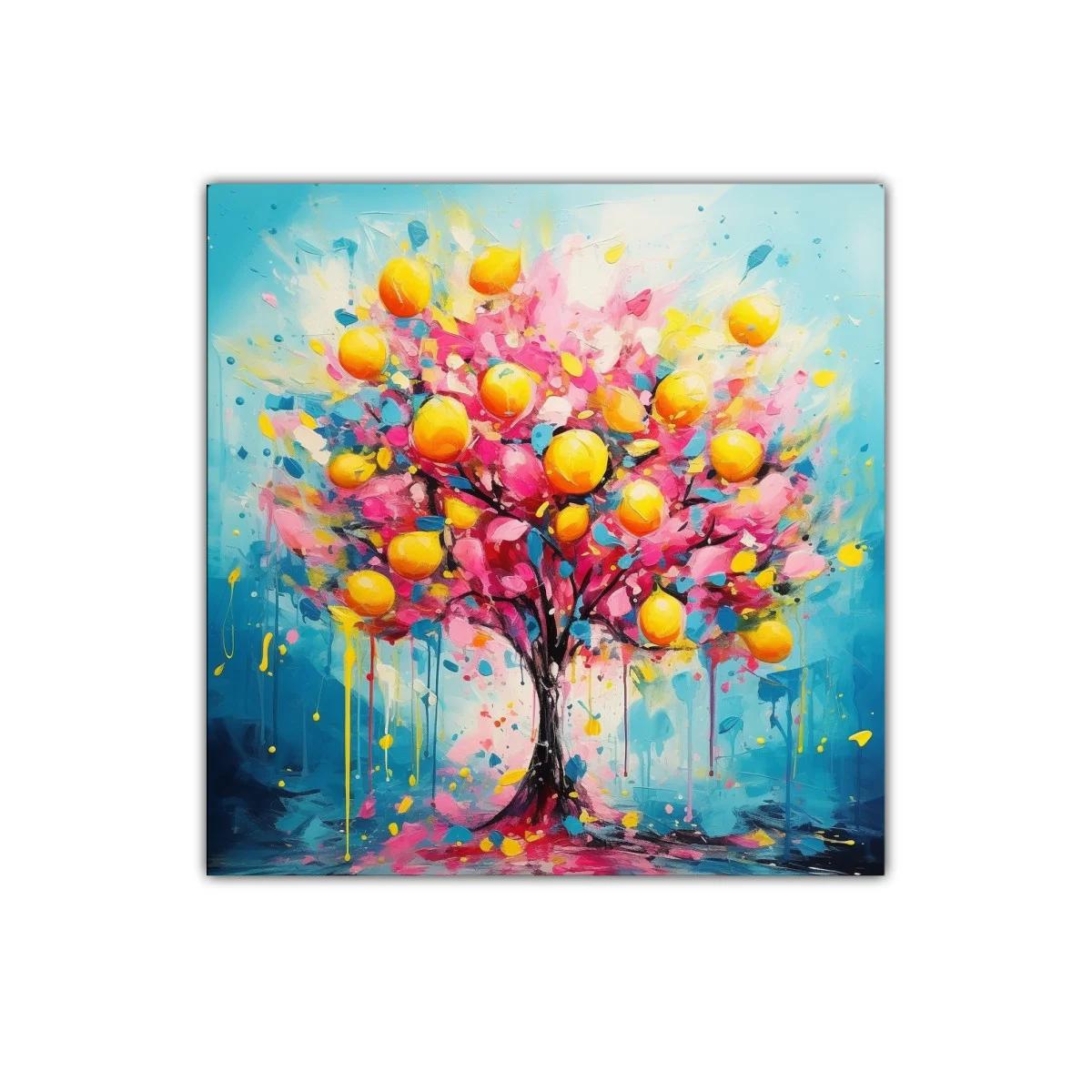 Árbol colorido con frutas amarillas y fondo azul vibrante — imagen principal