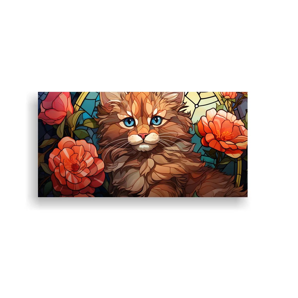 Cuadro gatito atigrado de pelo largo con flores tipo vidriera