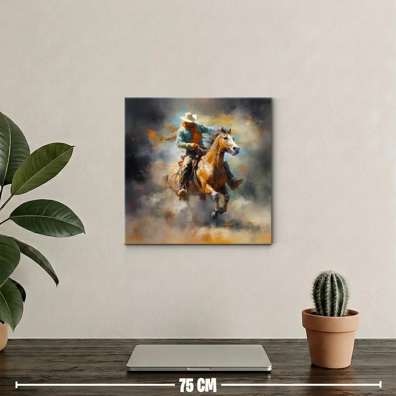 Cuadro de vaquero a caballo en movimiento con tonos cálidos — miniatura 2