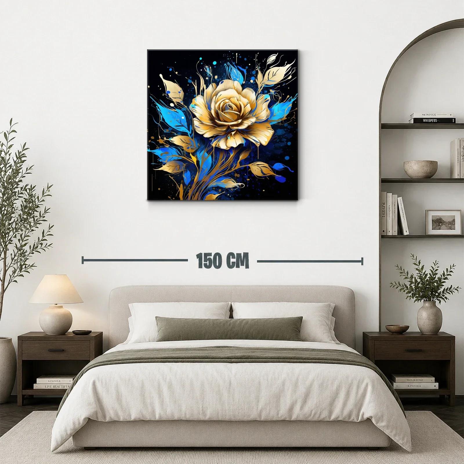 Rosa dorada con hojas azules sobre fondo oscuro — miniatura 3