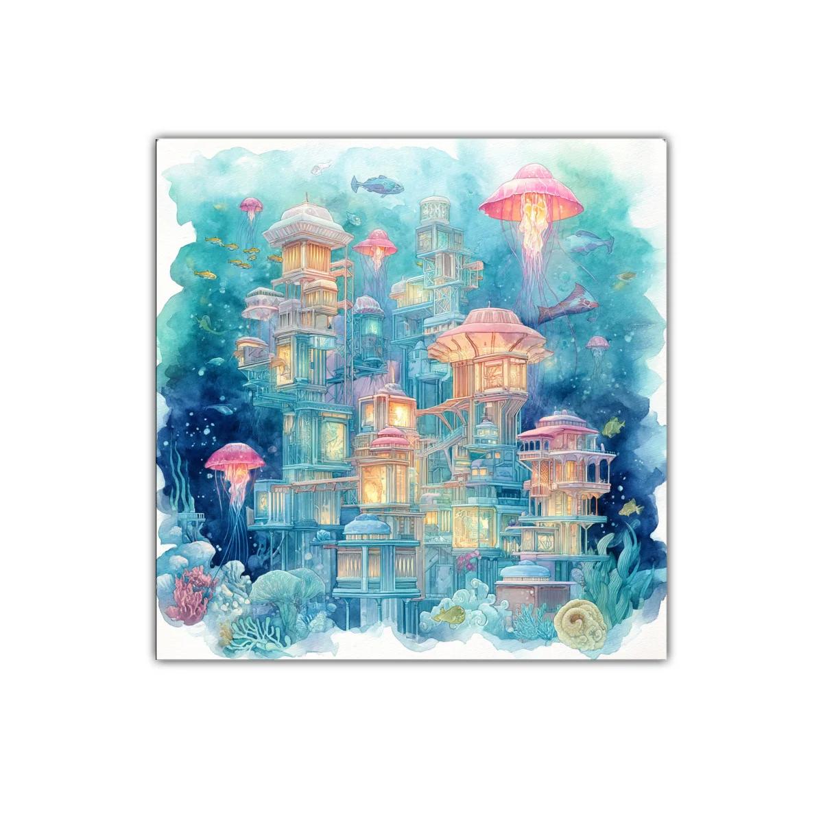 Ciudad submarina iluminada entre medusas y corales — imagen principal