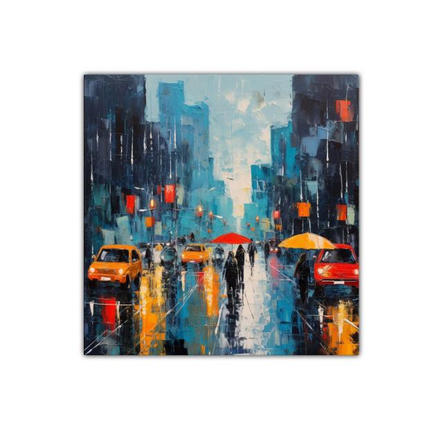 Cuadro urbano con paraguas en tonos vibrantes y contrastes