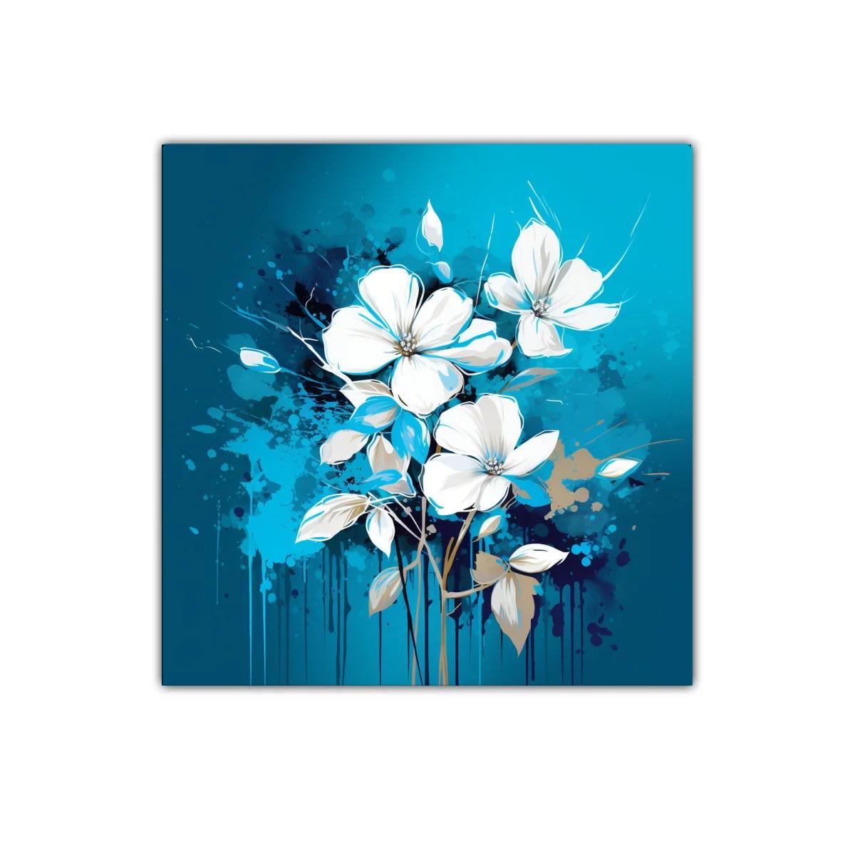Flores blancas sobre fondo azul vibrante con salpicaduras