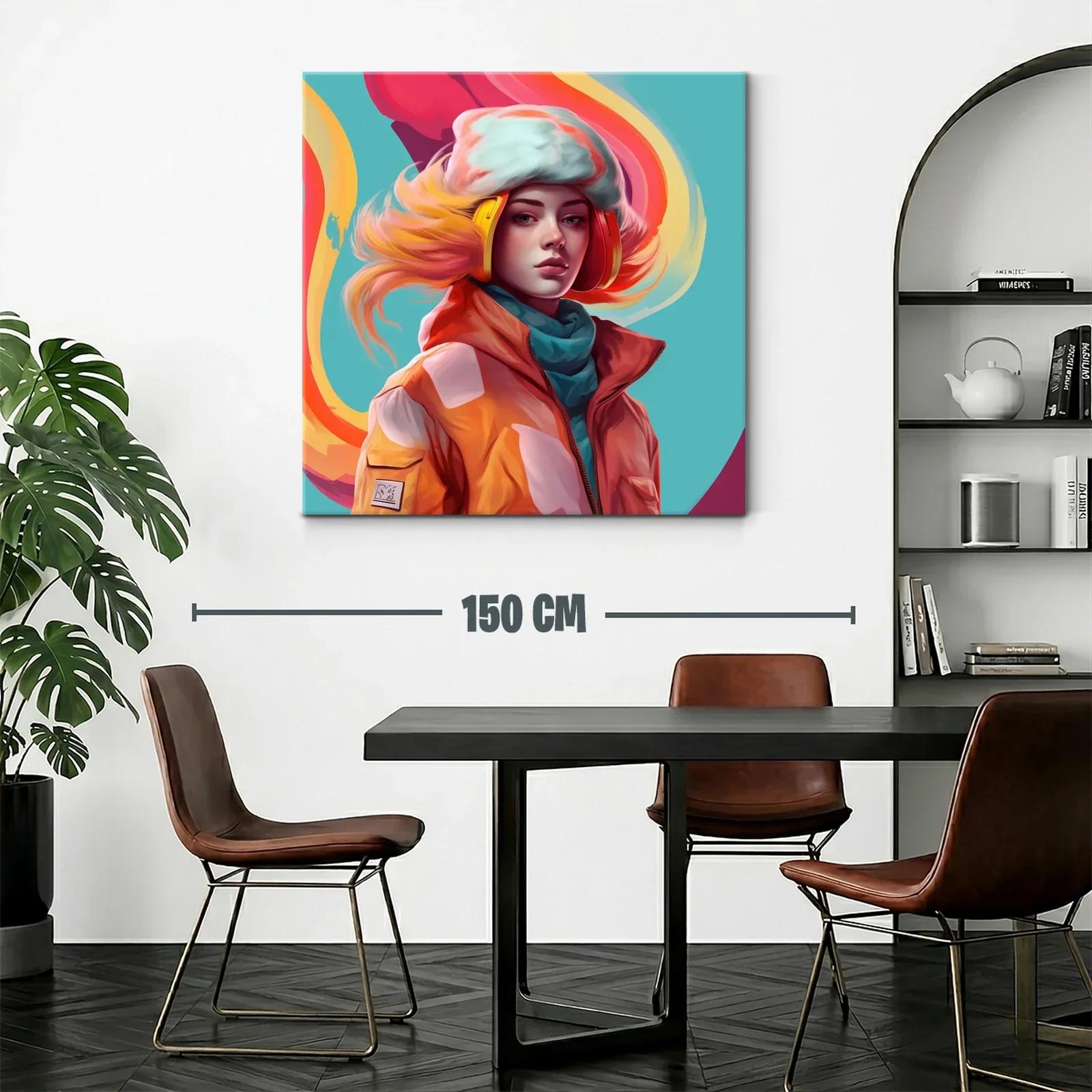 Retrato vibrante de mujer con auriculares y abrigo naranja — miniatura 2