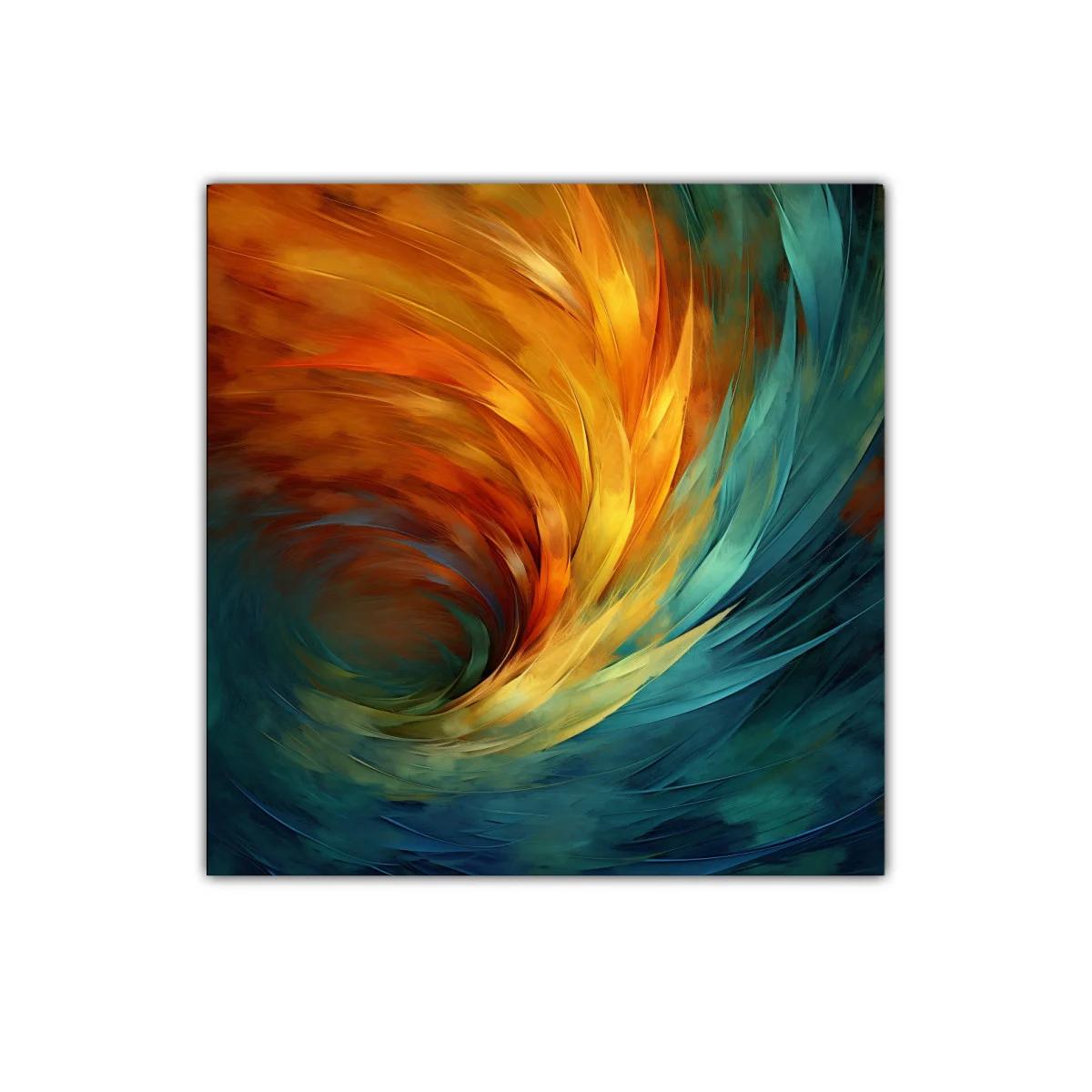 Cuadro abstracto remolino de tonos cálidos y fríos vibrantes