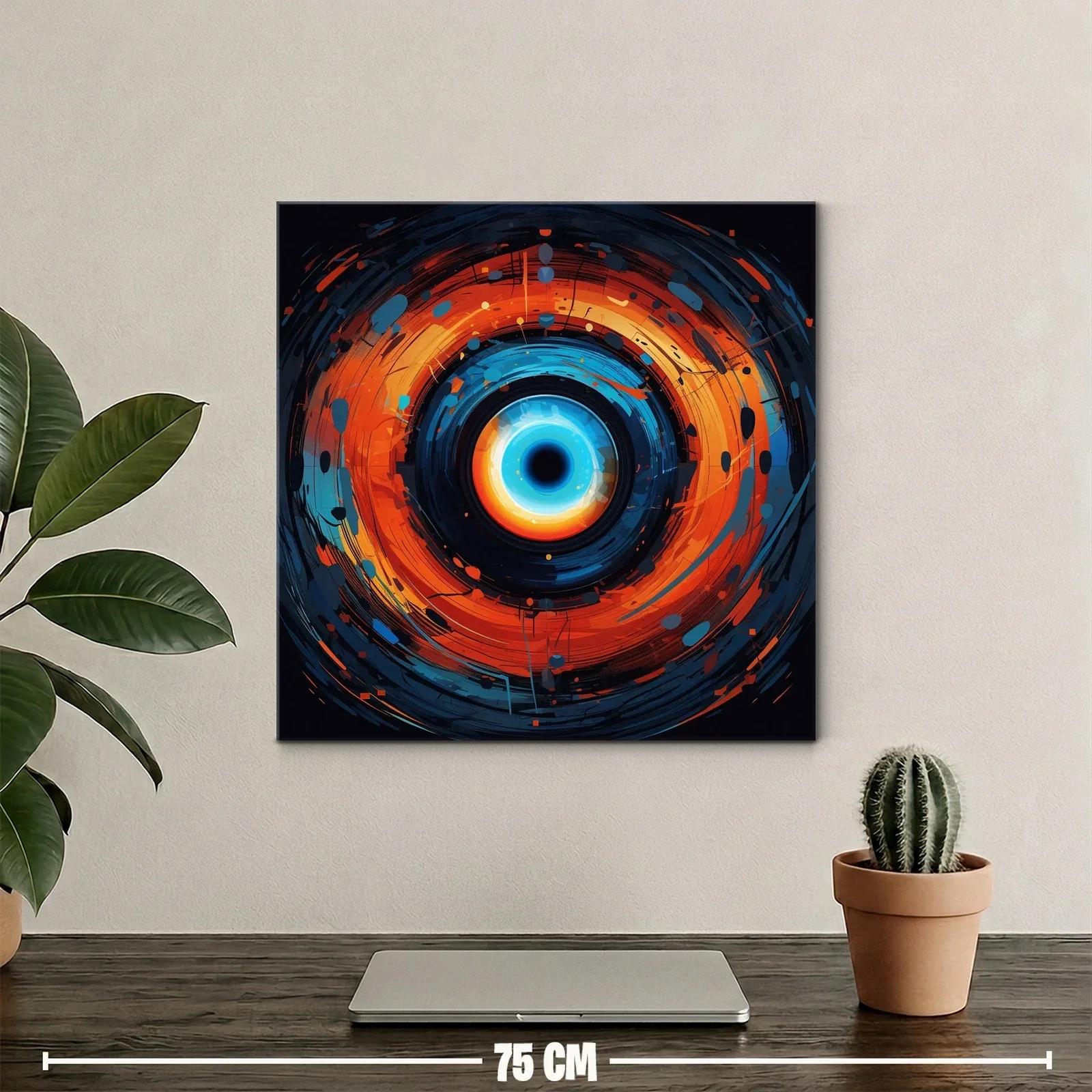 Cuadro abstracto con espiral vibrante en tonos azules y naranjas — miniatura 2