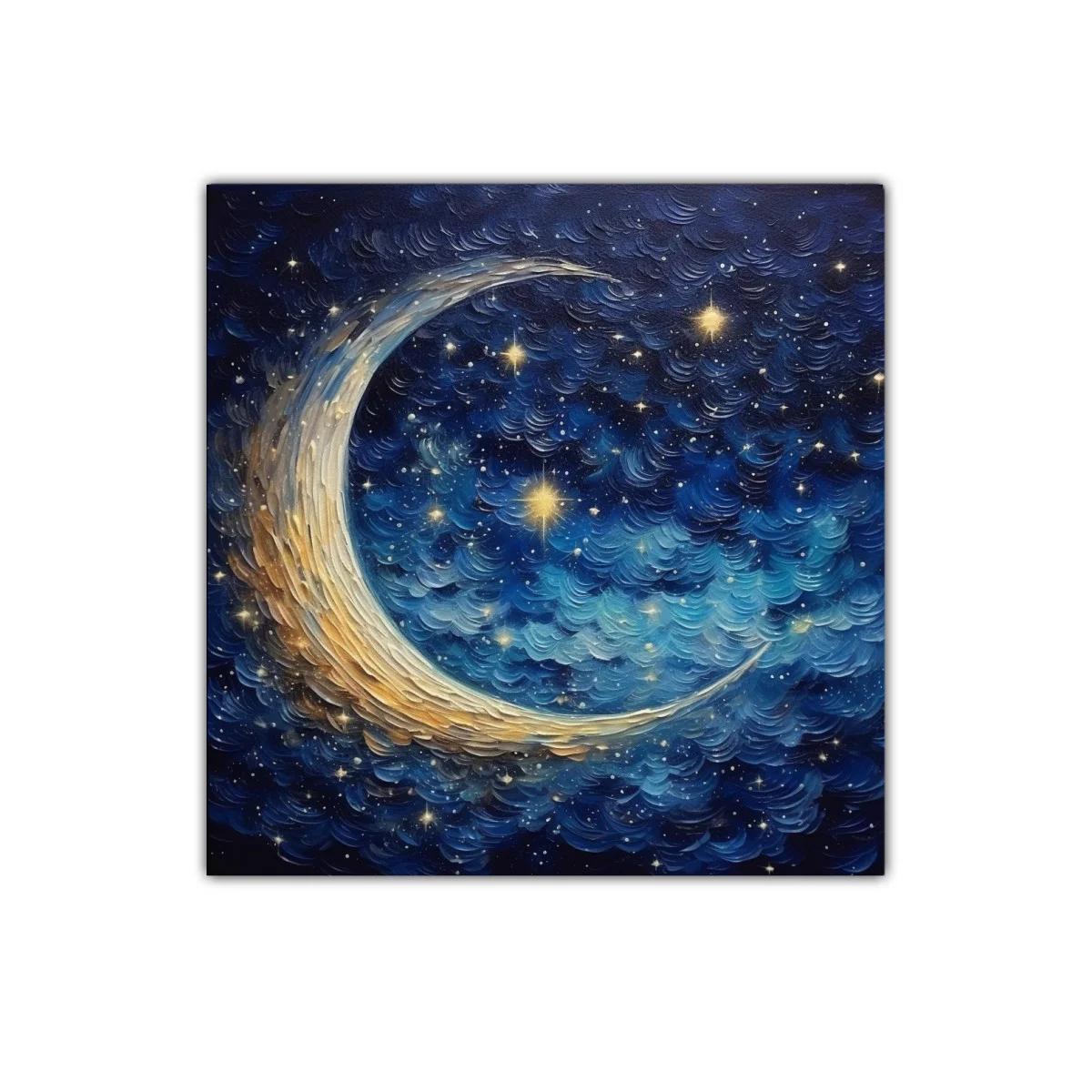 Cielo estrellado con luna creciente en tonos azul y dorado