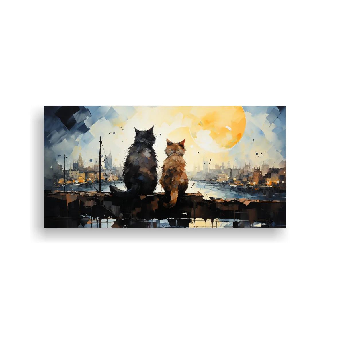 Cuadro dos gatos sentados con luna grande y ciudad