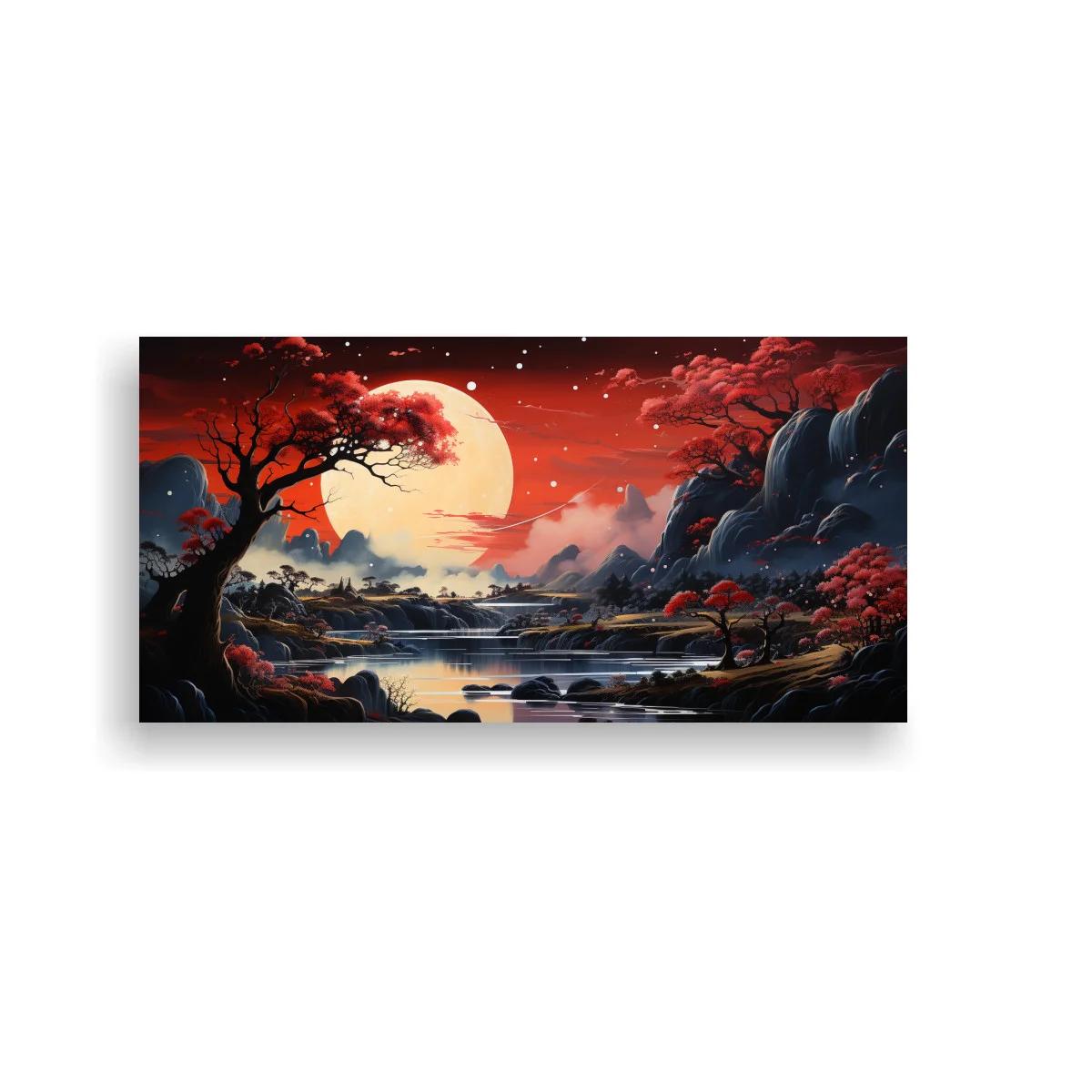 Cuadro paisaje con luna llena y árboles rojizos — imagen principal