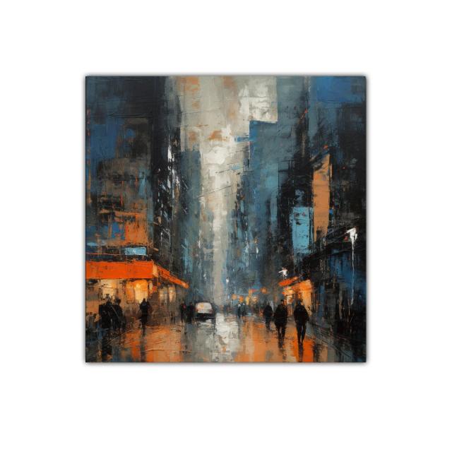 Atardecer urbano con luces cálidas y tonos fríos