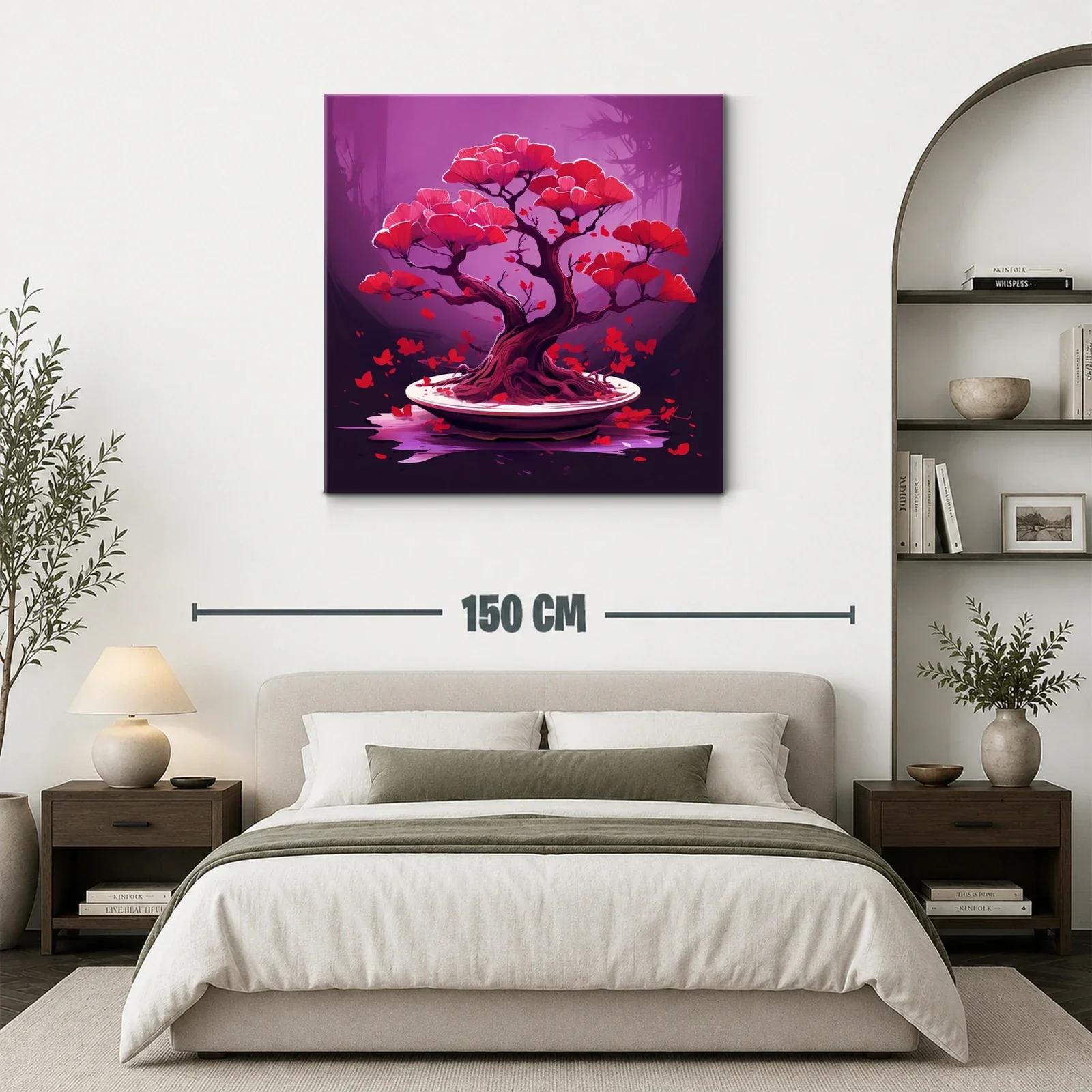 Árbol bonsái con flores rojas sobre fondo lila vibrante — miniatura 3