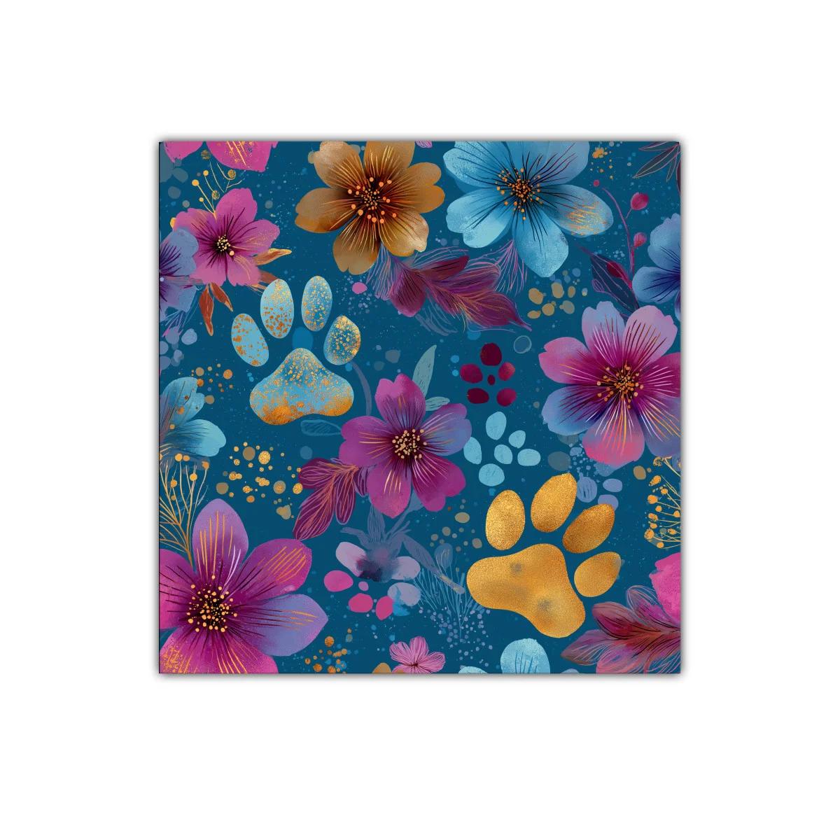 Arte decorativo con huellas y flores vibrantes en azul — imagen principal