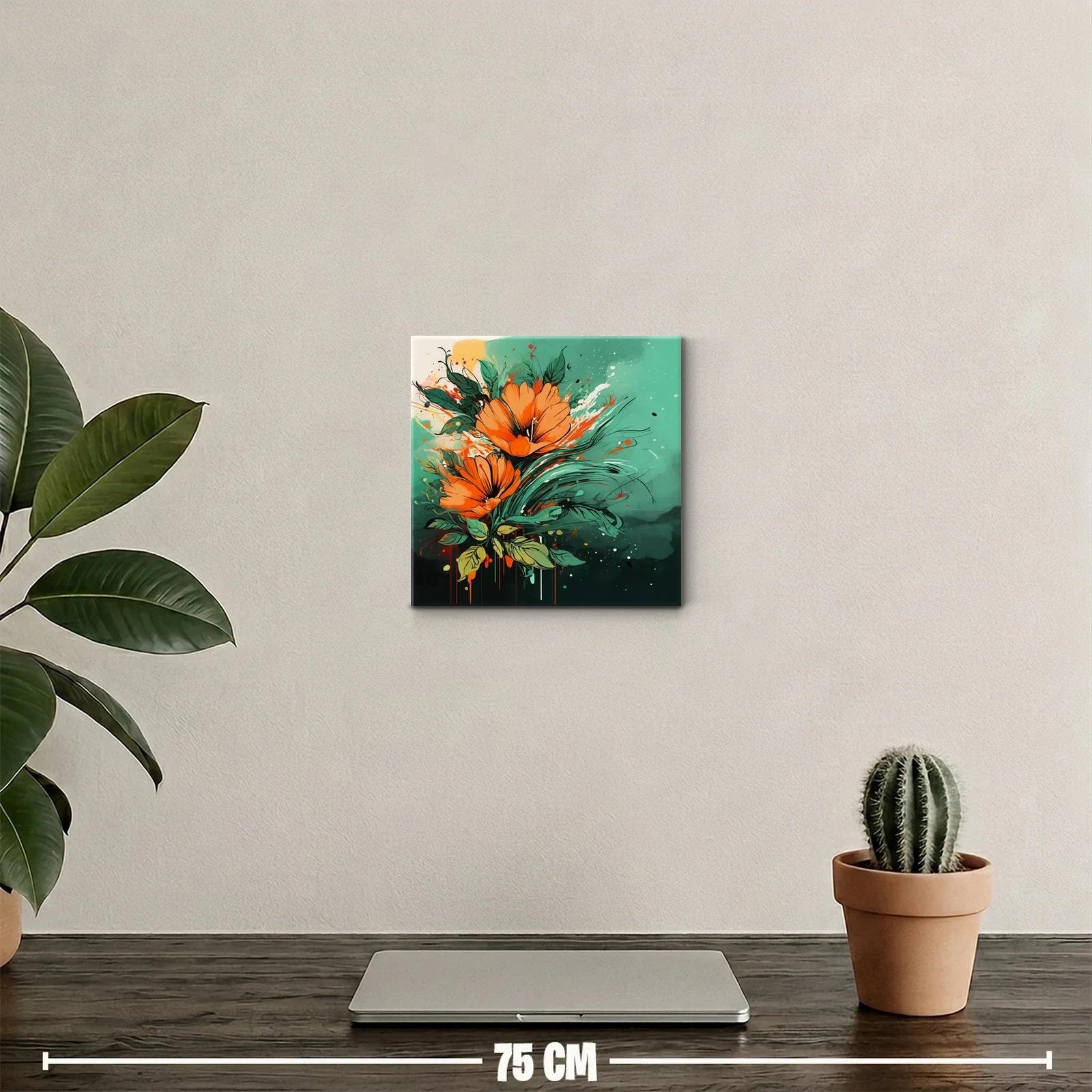 Cuadro decorativo con flores vibrantes en tonos naranja y verde — miniatura 2