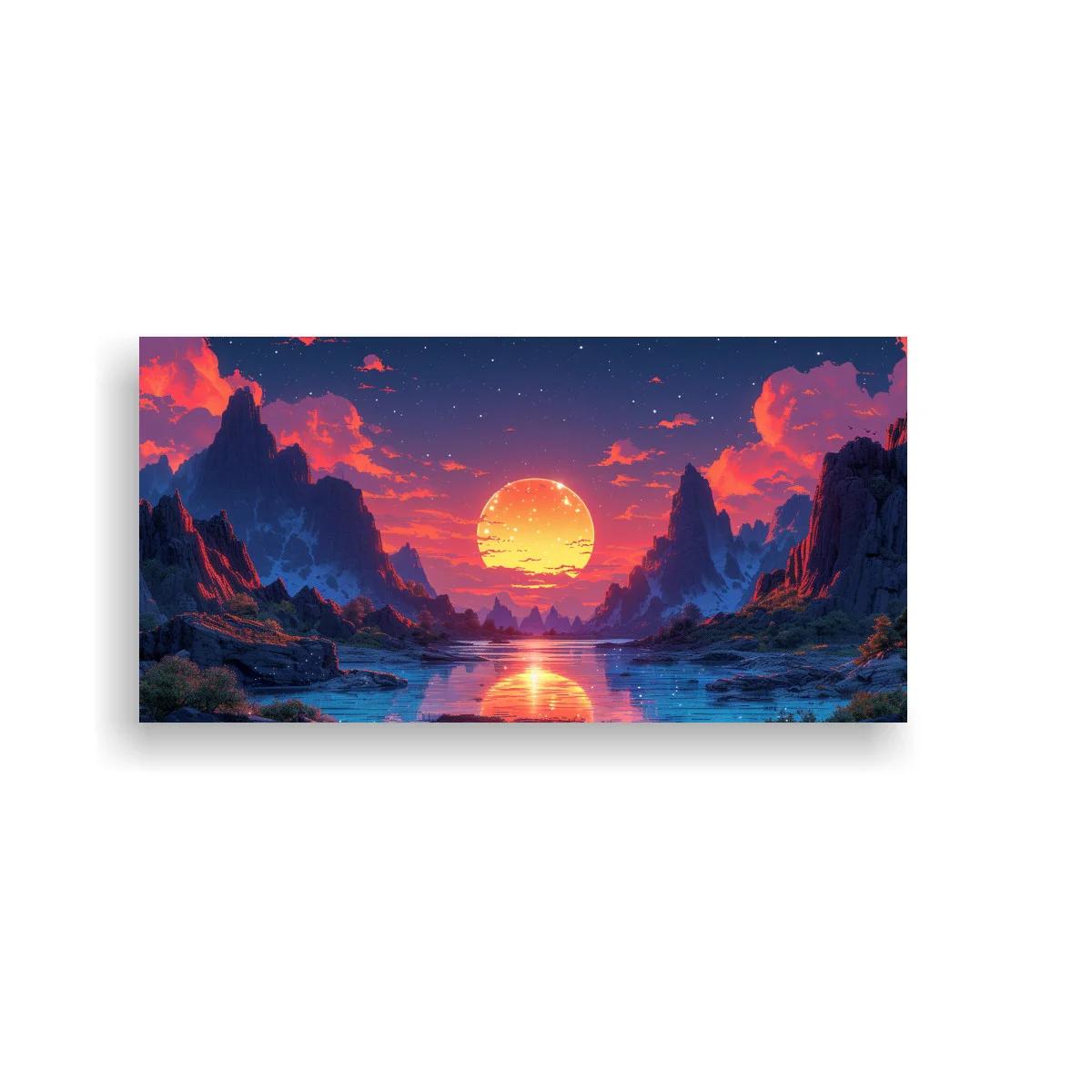 Cuadro sol sobre un lago entre montañas reflejado en el agua