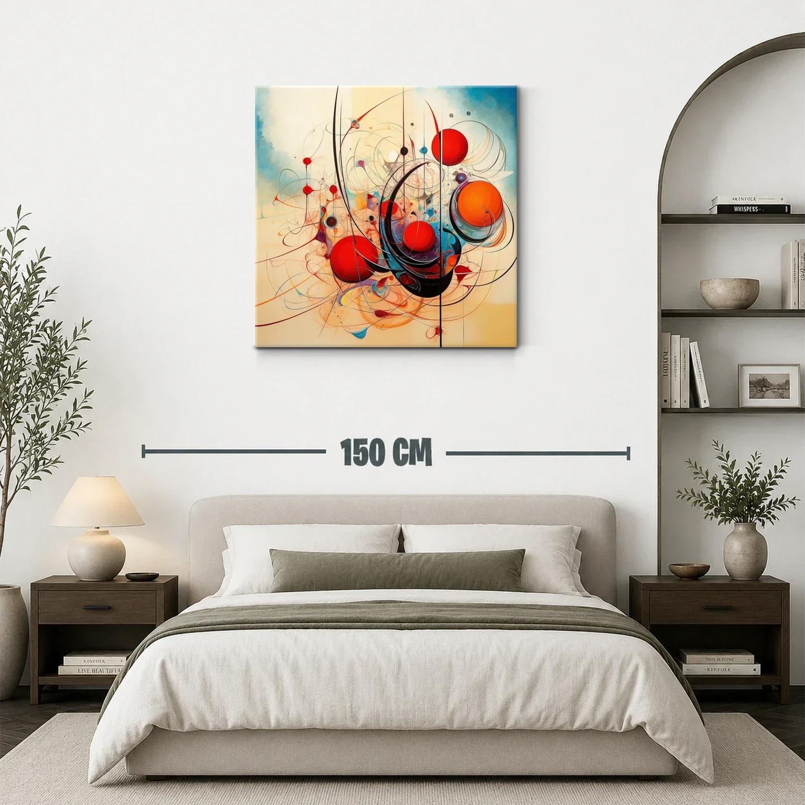 Cuadro abstracto con esferas rojas y trazos curvos dinámicos — miniatura 3