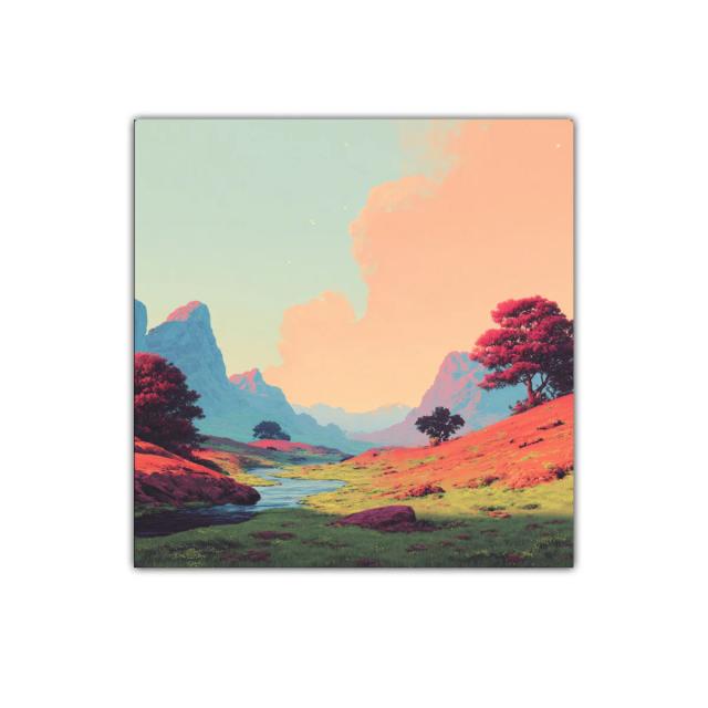 Paisaje sereno con colinas y río bajo cielo pastel