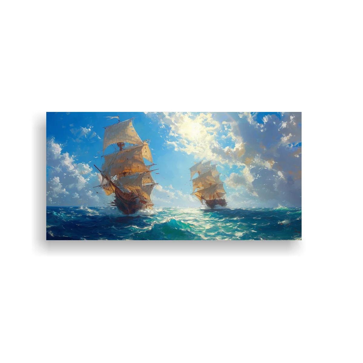 Cuadro velero de época entre olas y cielo dramático