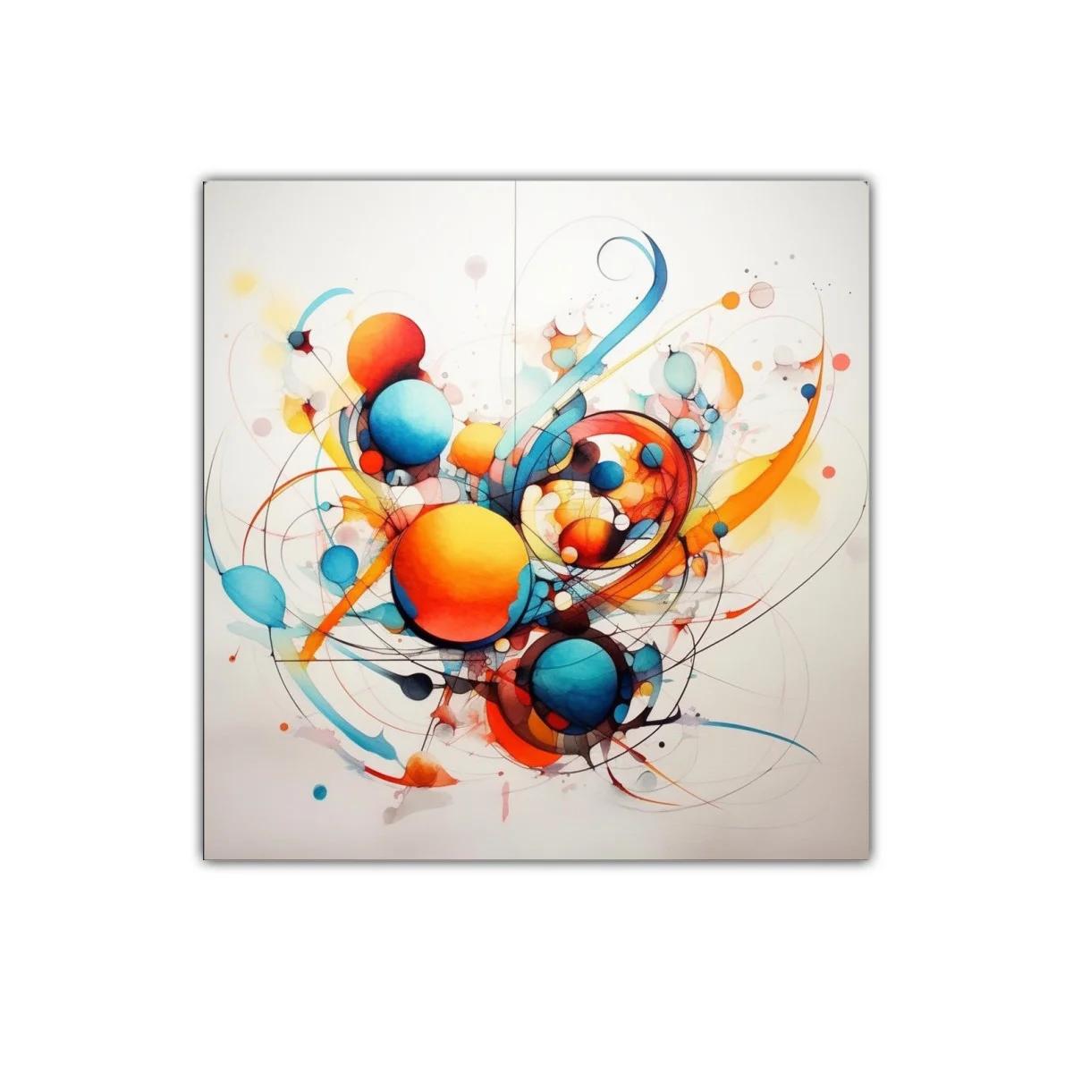 Cuadro Abstracto con Esferas en Tonos Cálidos y Fríos