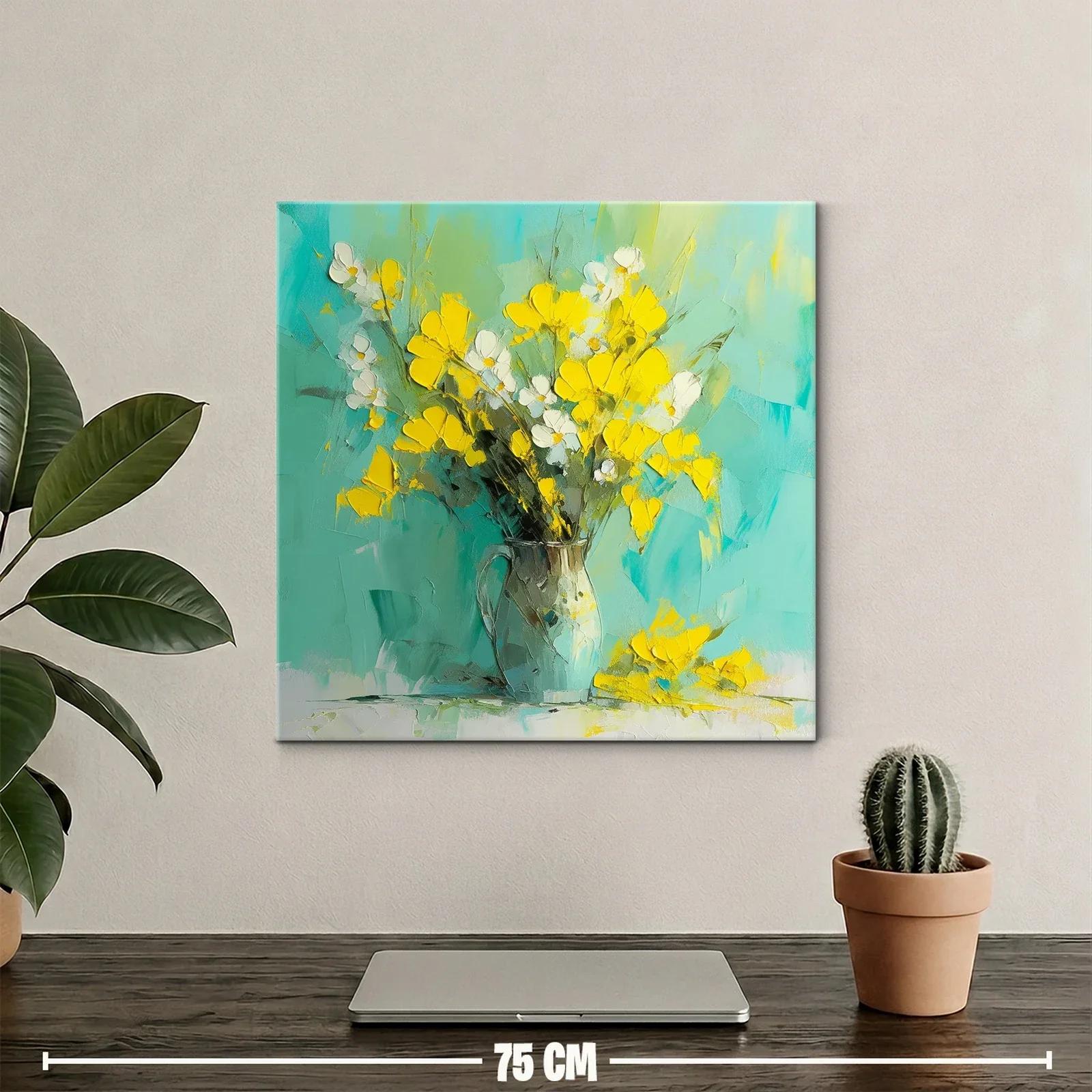 Cuadro flores amarillas sobre fondo turquesa vibrante — miniatura 2