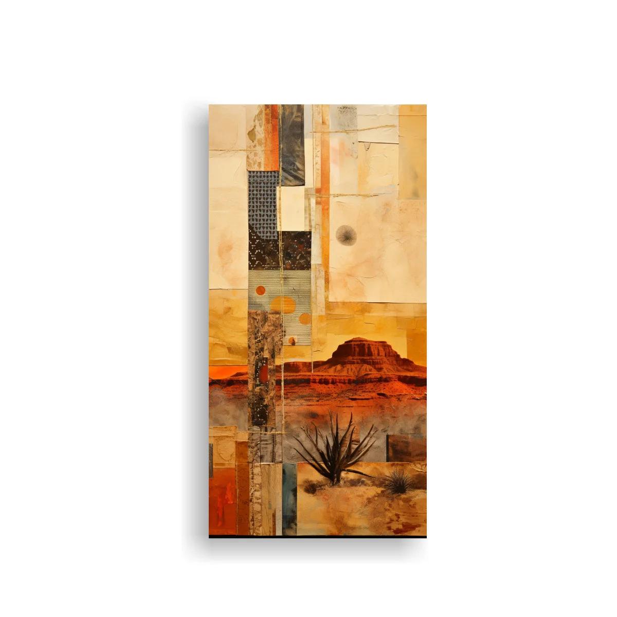 Cuadro paisaje desértico con meseta rocosa y collage geométrico
