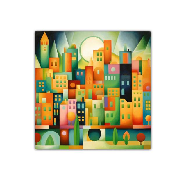 Composición urbana con formas geométricas y colores vibrantes