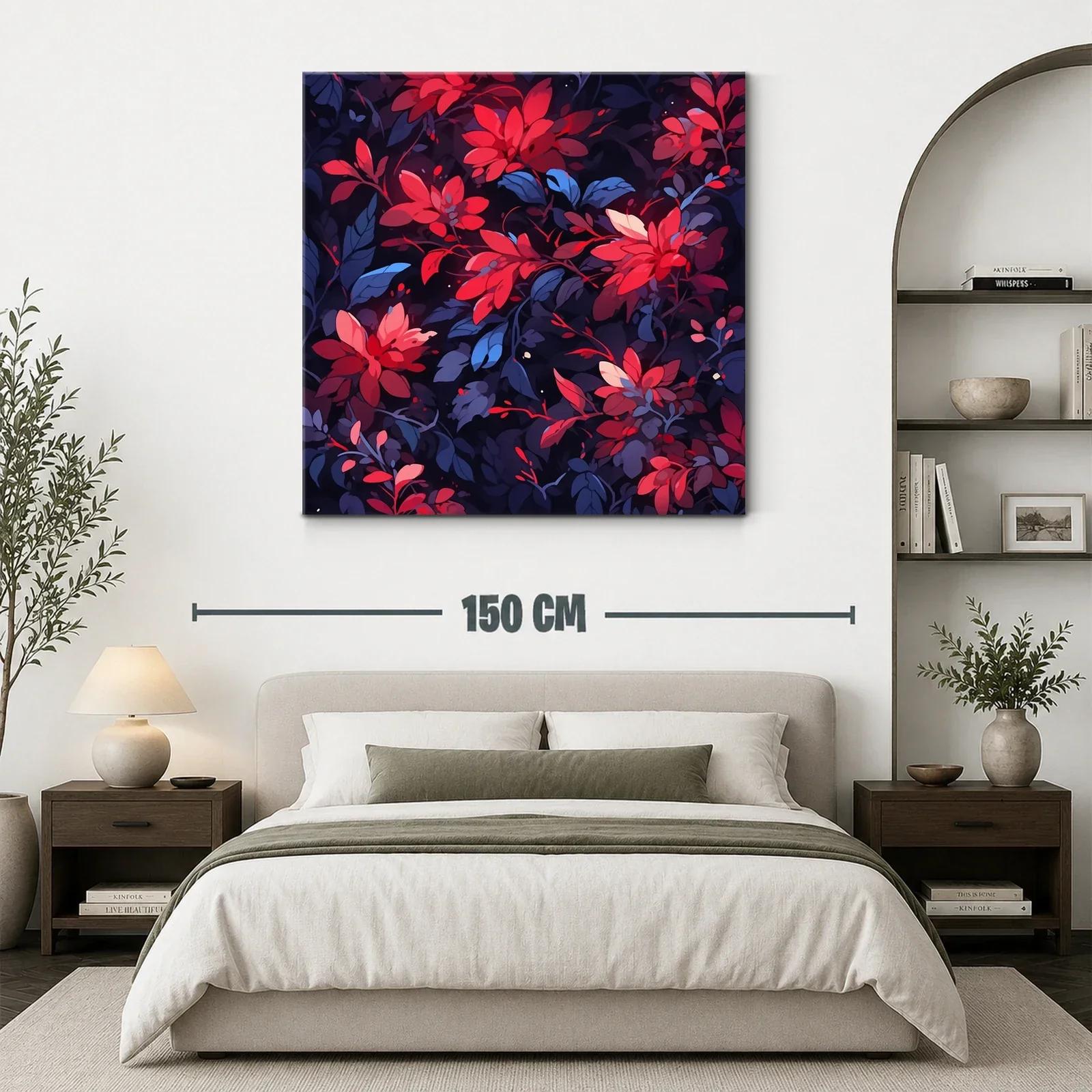 Cuadro floral vibrante en tonos rojos y azul oscuro — miniatura 3