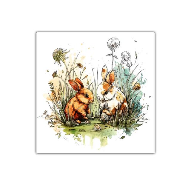 Dúo de conejos rodeados de flores y hierba fresca