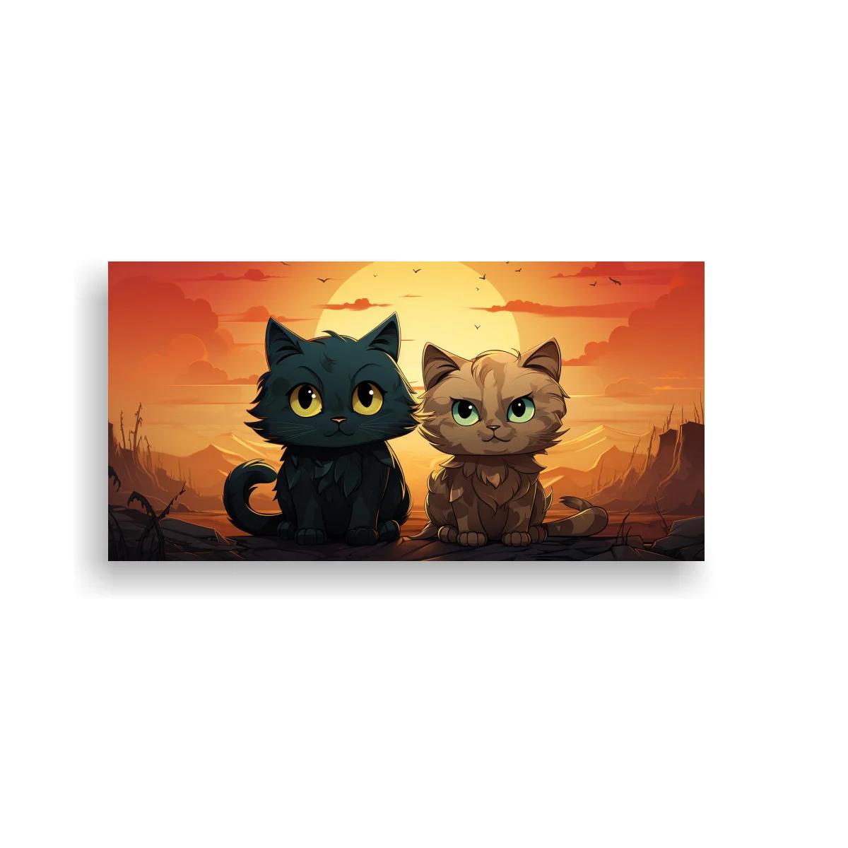 Cuadro dos gatitos con sol y pájaros