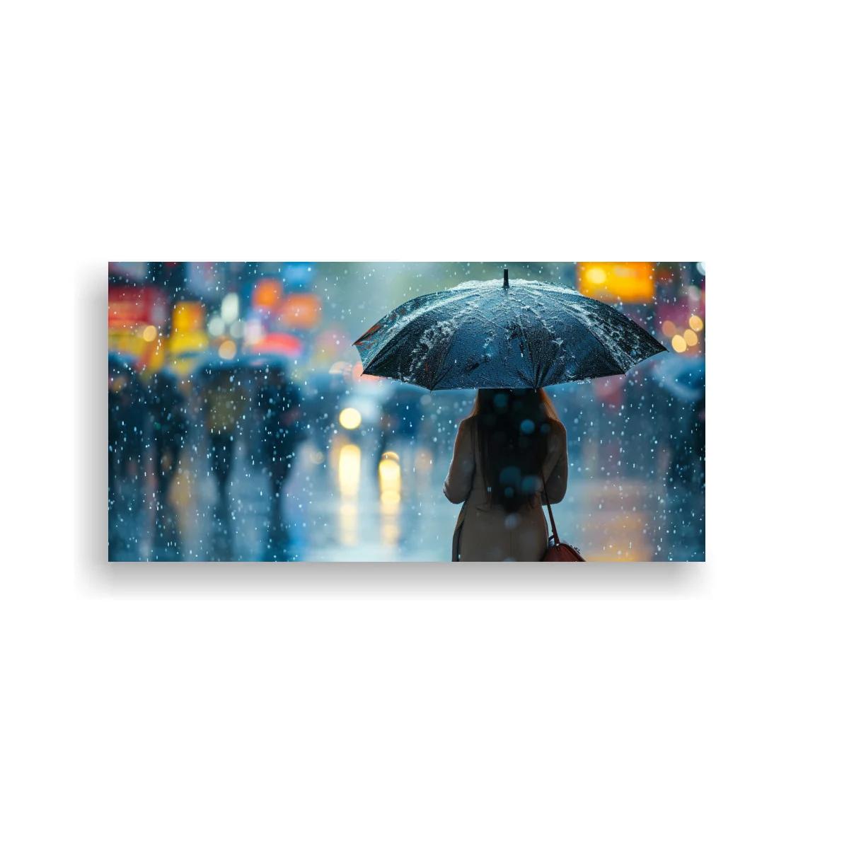 Cuadro persona con paraguas bajo la lluvia y bolso rojo