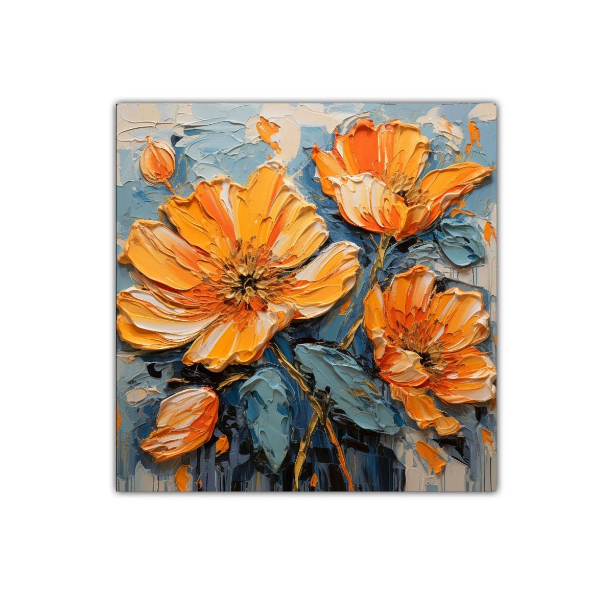 Cuadro floral con vibrantes tonalidades naranjas y azules