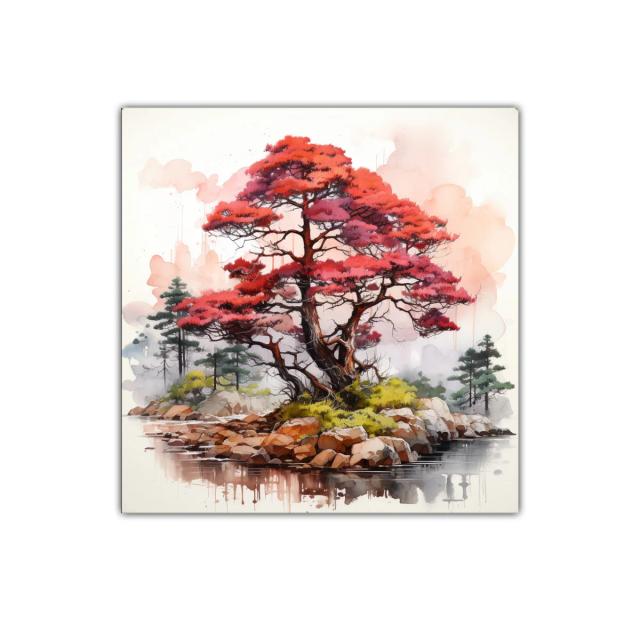 Árbol rojo en isla serena con paisaje natural