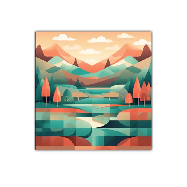 Paisaje geométrico con montañas y árboles en tonos cálidos