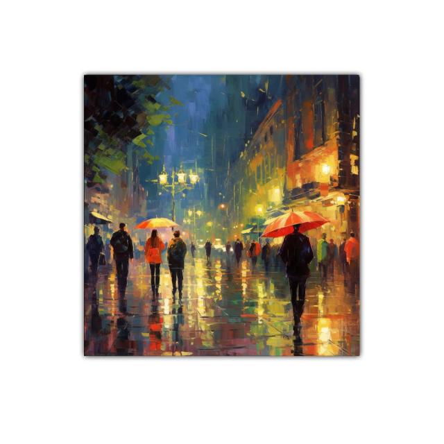 Escena urbana nocturna con paraguas en calles lluviosas