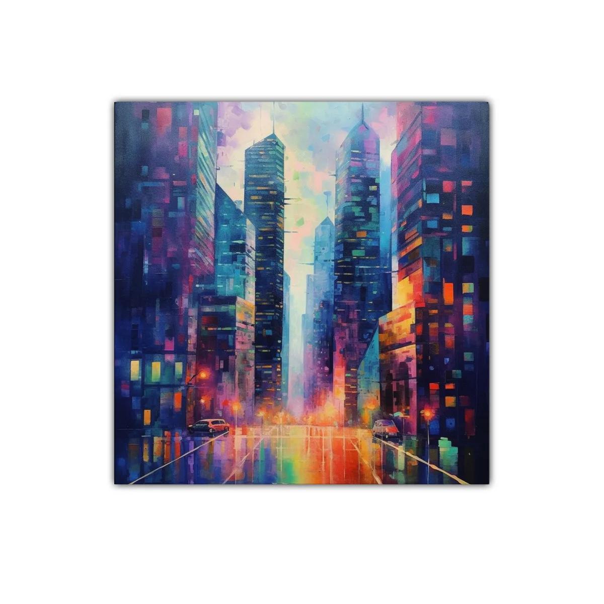 Ciudad luminosa al atardecer con vibrantes reflejos coloridos — imagen principal