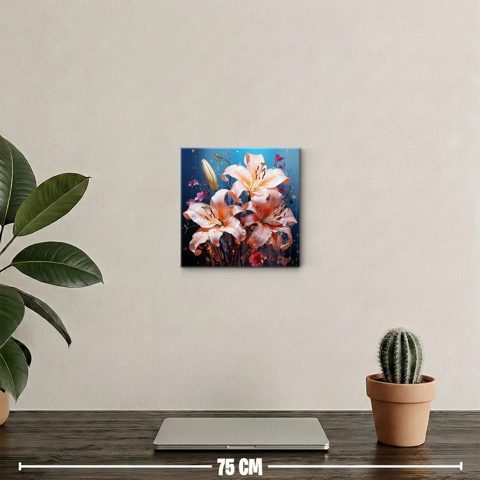 Cuadro decorativo con lirios rosados y fondo degradado azul — miniatura 2
