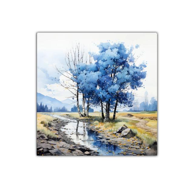Paisaje sereno con árboles azules junto al riachuelo