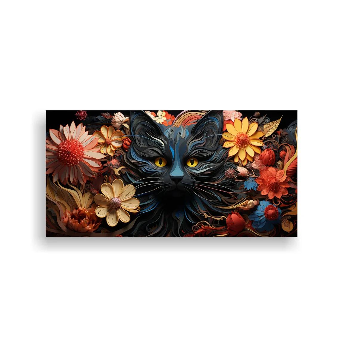 Cuadro gato negro de ojos amarillos entre flores