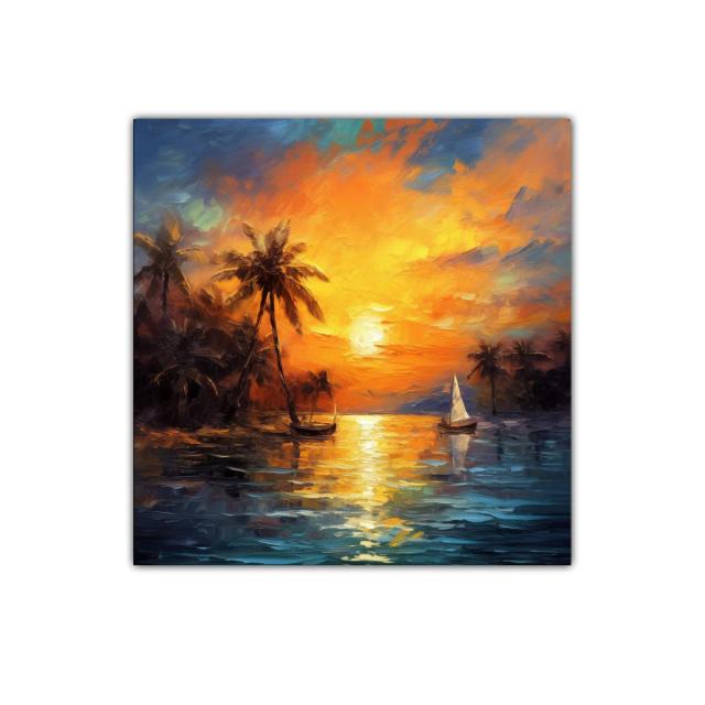 Atardecer tropical con palmeras y barco de vela sobre el mar
