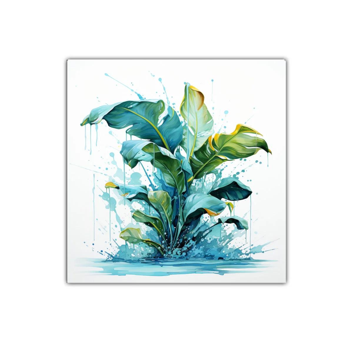 Cuadro decorativo con hojas verdes y salpicaduras azules